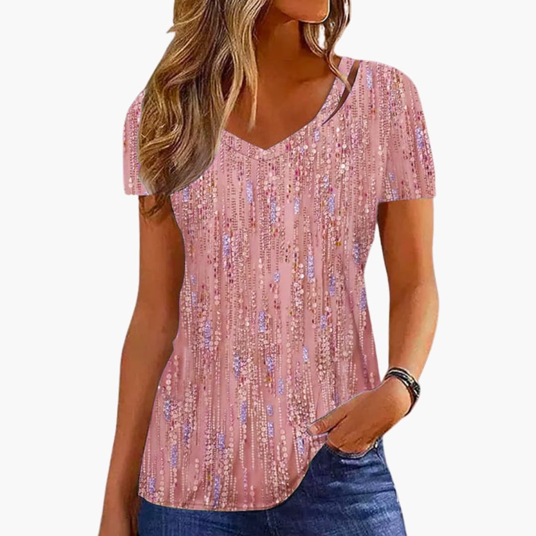 T-shirt scintillant à col en V pour femme avec coupe adaptée, idéal pour occasions festives