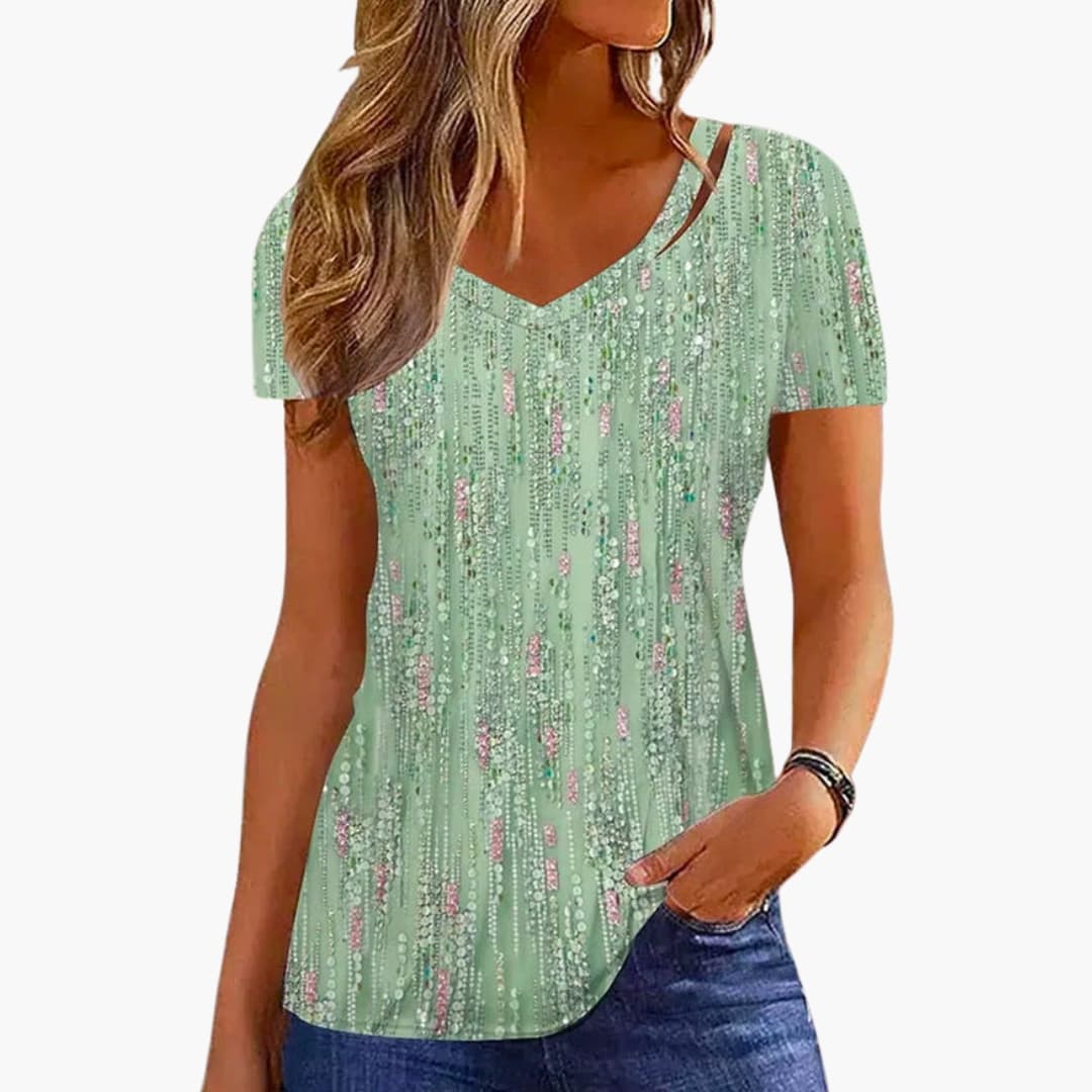 T-shirt scintillant à col en V pour femme avec coupe adaptée, idéal pour occasions festives