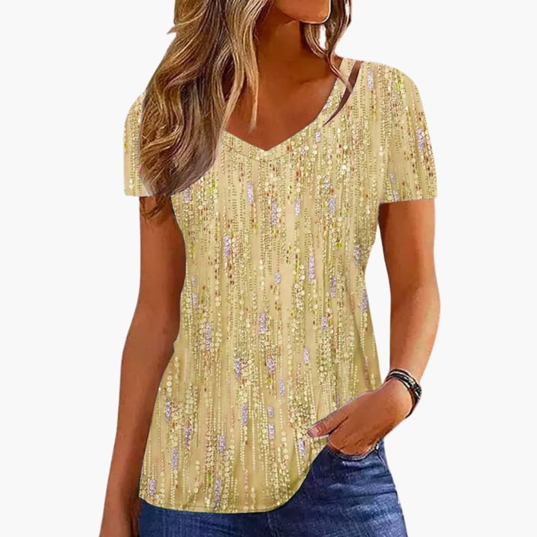 T-shirt scintillant à col en V pour femme avec coupe adaptée, idéal pour occasions festives
