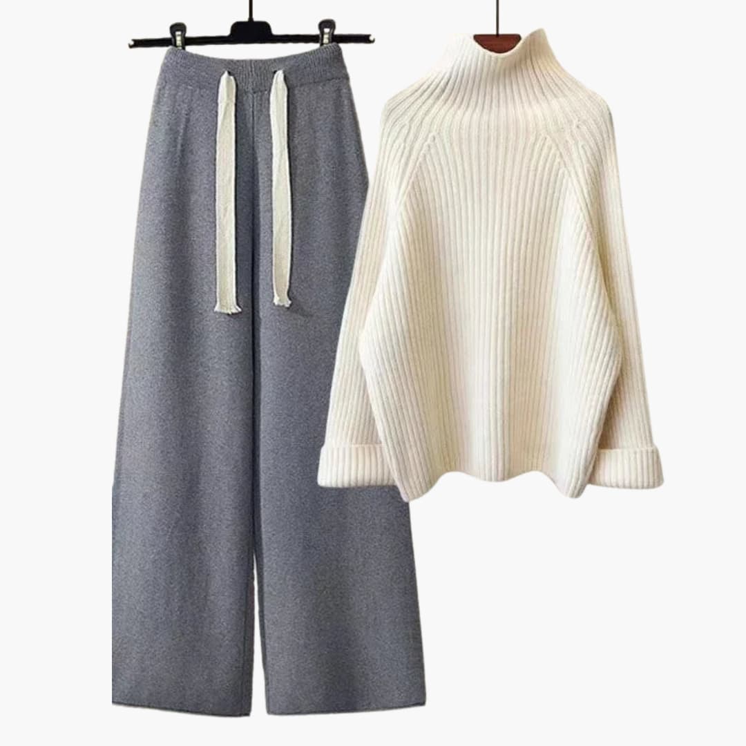 Two-piece knitted set for women with high-neck top and wide-leg pants