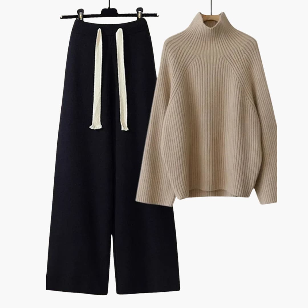 Two-piece knitted set for women with high-neck top and wide-leg pants