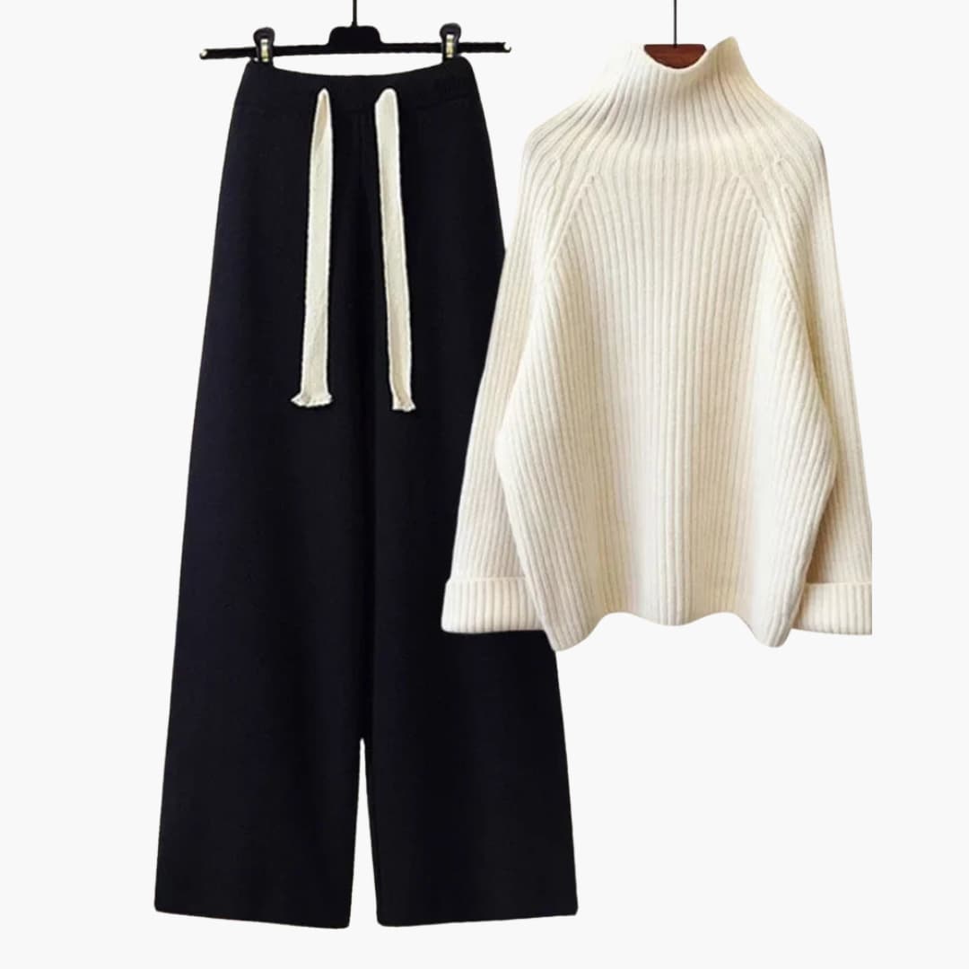 Two-piece knitted set for women with high-neck top and wide-leg pants