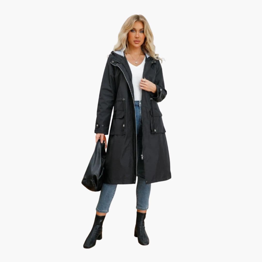 Trench femme à capuche et poches à rabat devant