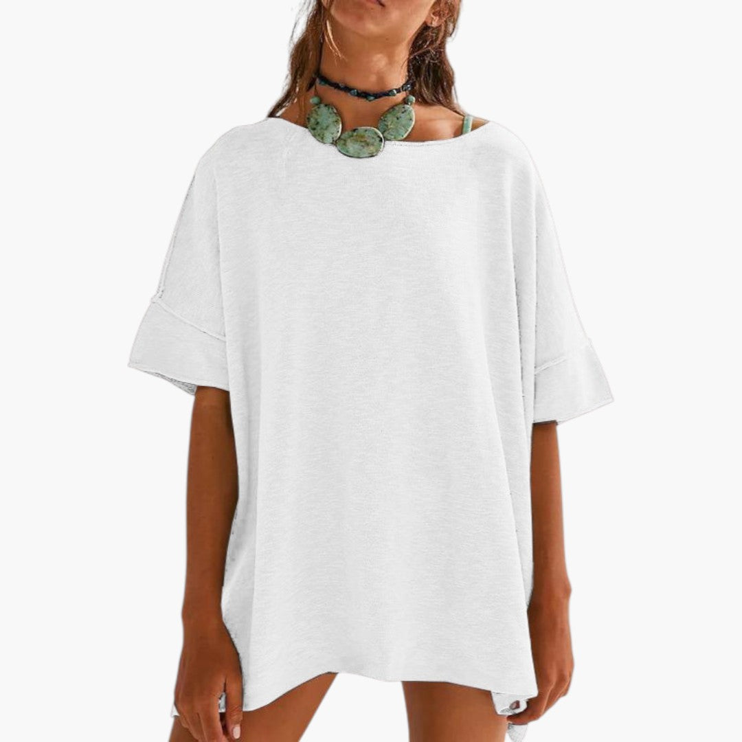 T shirt Femme a Manches Retroussées et Col Rond