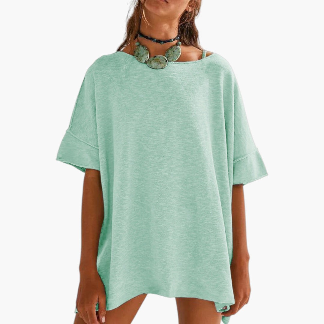 T shirt Femme a Manches Retroussées et Col Rond