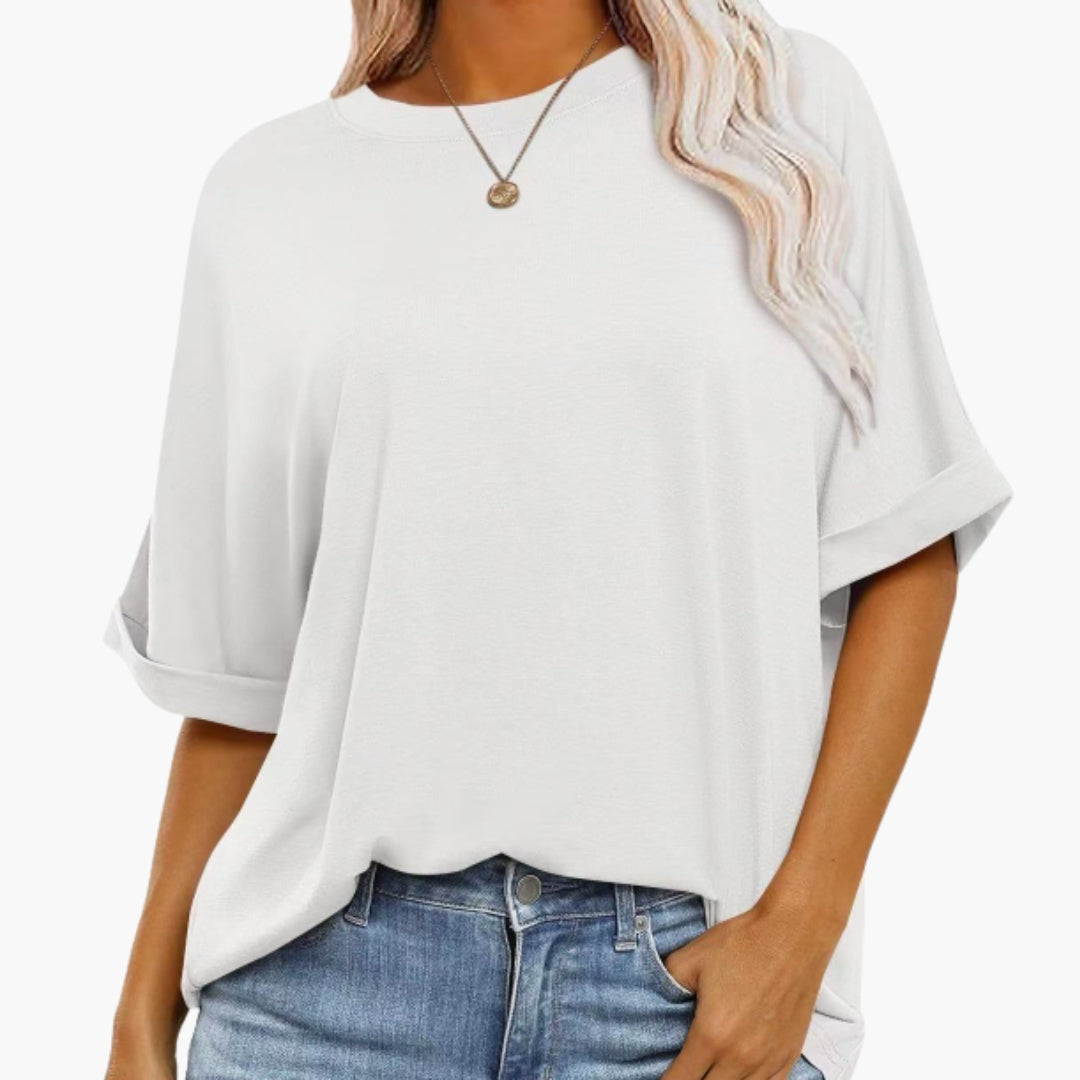 T shirt Femme avec Col Rond et Manches Retroussées
