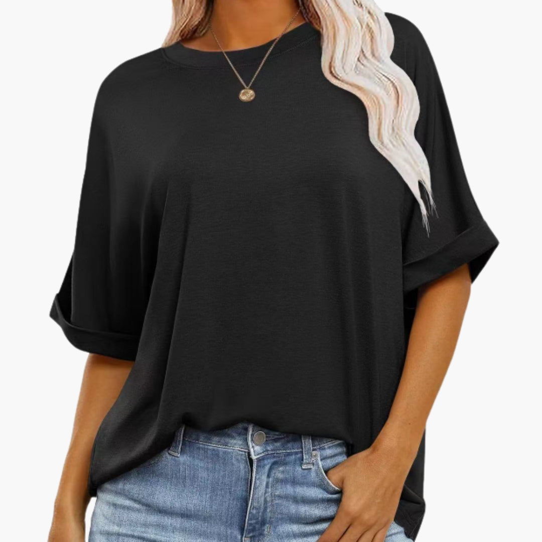 T shirt Femme avec Col Rond et Manches Retroussées