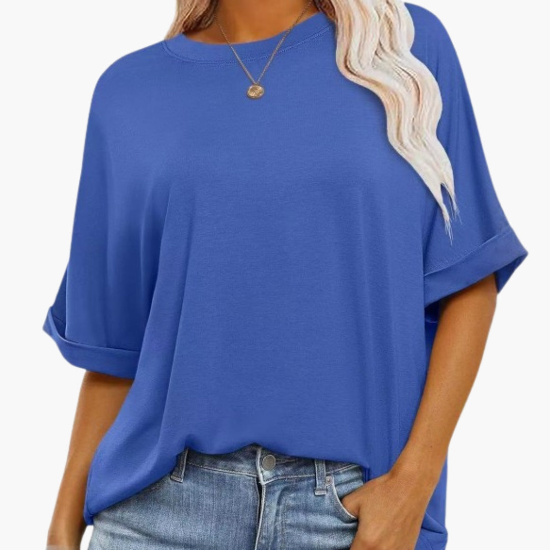 T shirt Femme avec Col Rond et Manches Retroussées