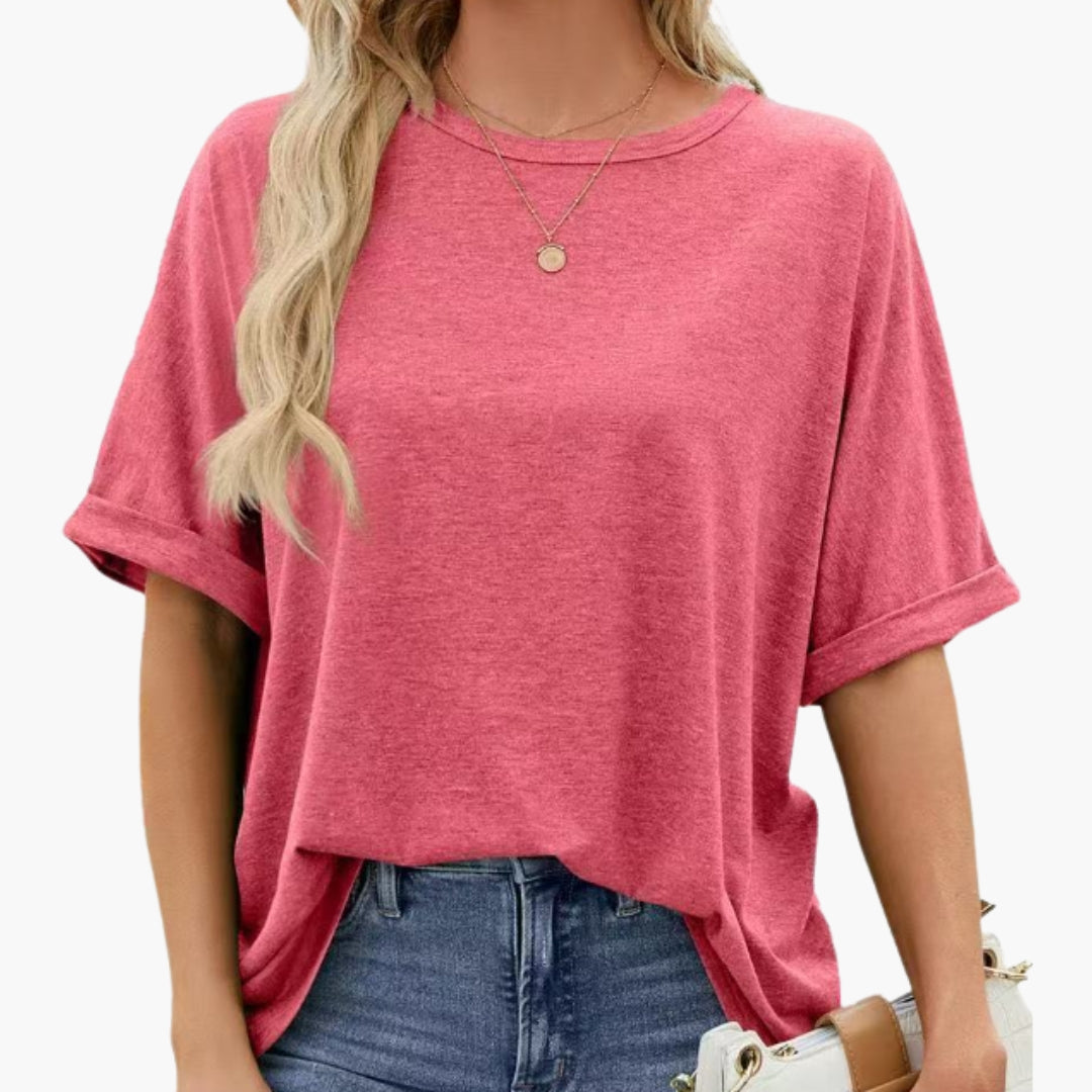 T shirt Femme avec Col Rond et Manches Retroussées