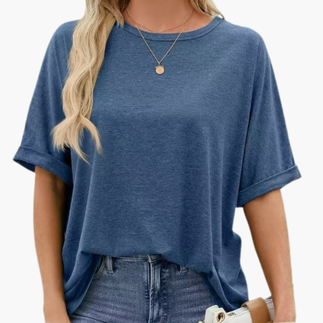 T shirt Femme avec Col Rond et Manches Retroussées