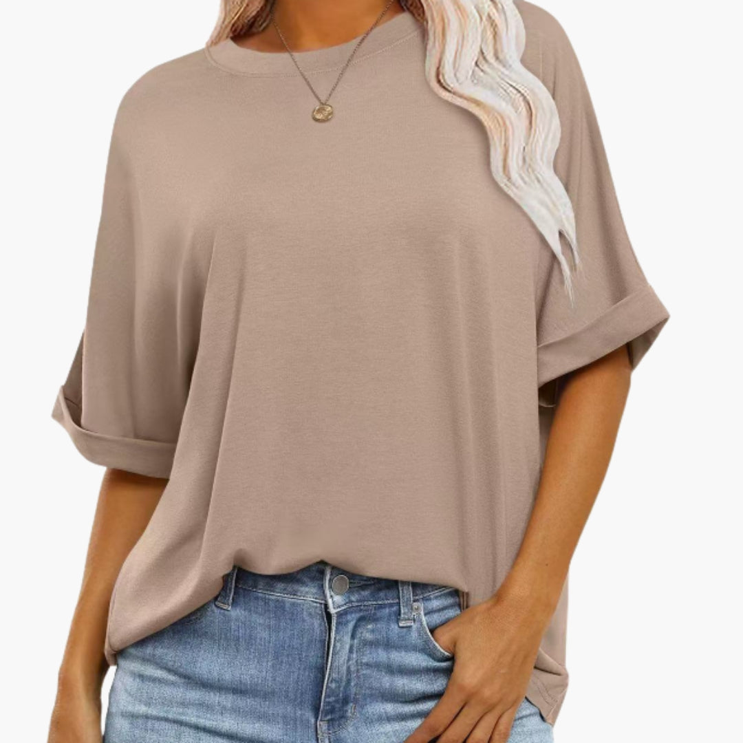 T shirt Femme avec Col Rond et Manches Retroussées