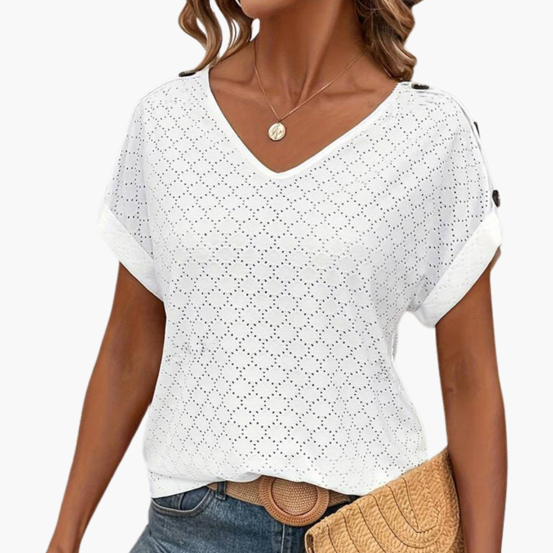 T-shirt til kvinder med V-hals og broderet overflade i engelsk stil