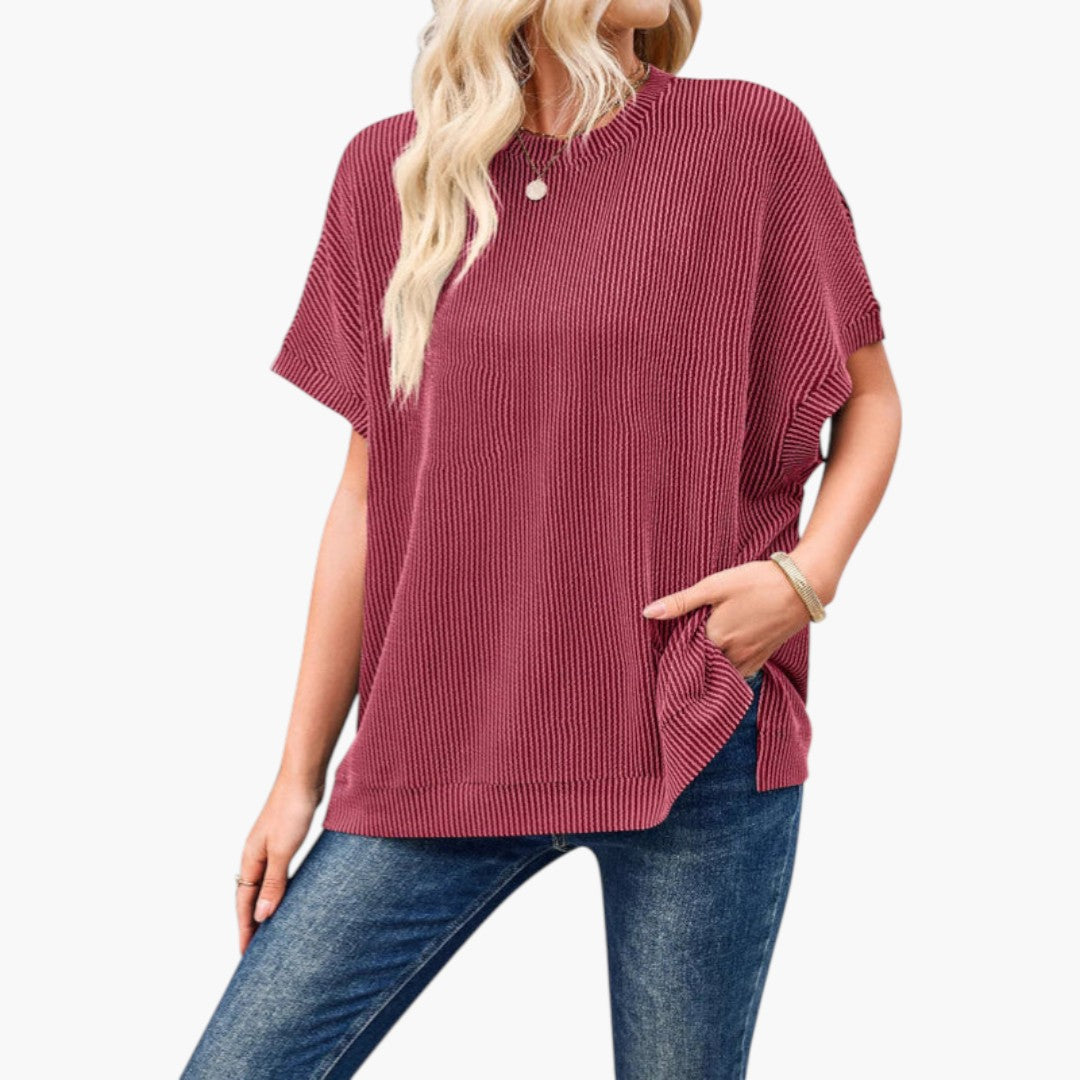 T-shirt Mulher com Superfície Canelada e Mangas Curtas