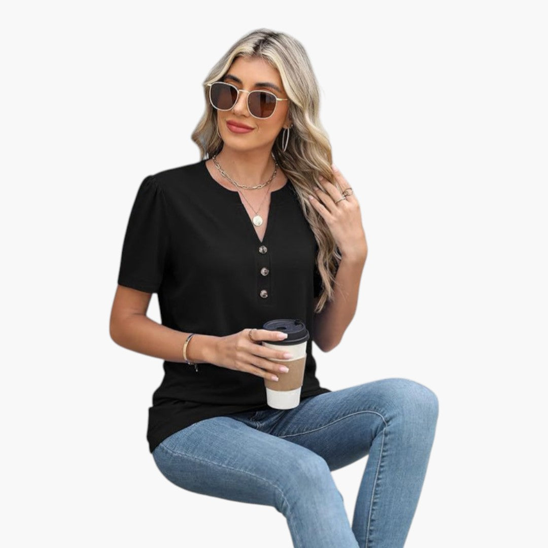 T shirt femme à encolure boutonnée et manches courtes