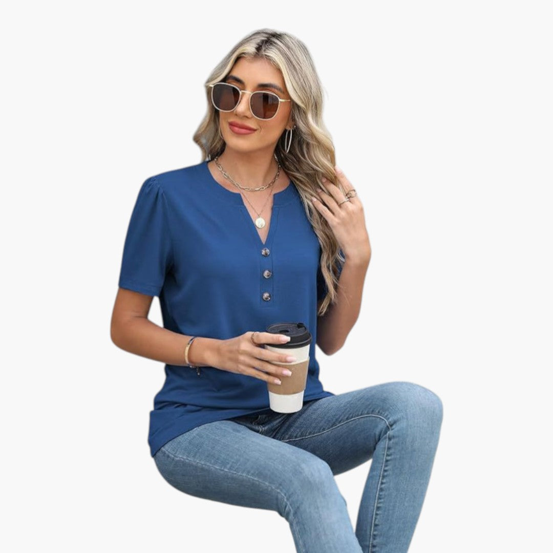 T shirt femme à encolure boutonnée et manches courtes