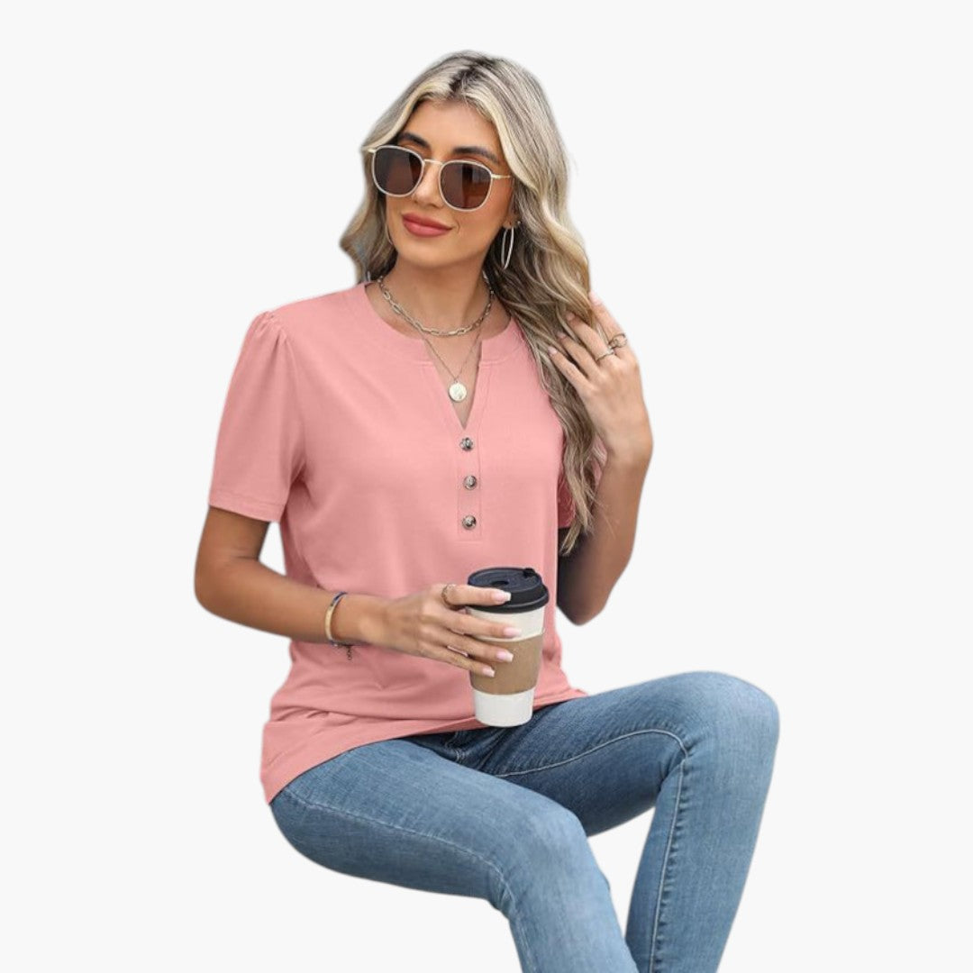 T shirt femme à encolure boutonnée et manches courtes