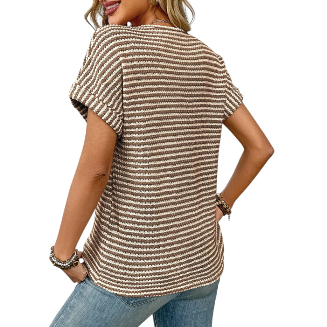 maglietta donna con scollo a V e superficie a righe