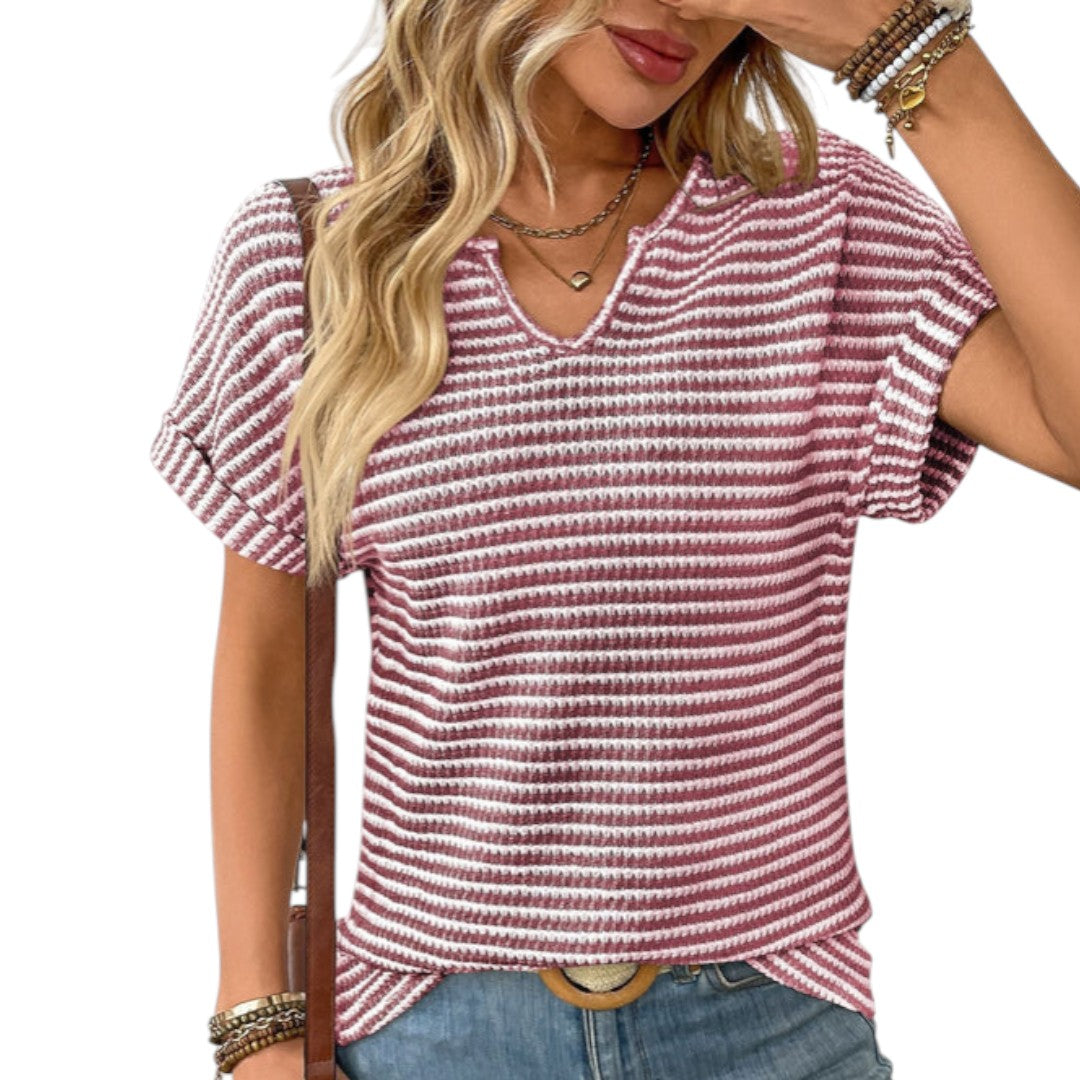 maglietta donna con scollo a V e superficie a righe