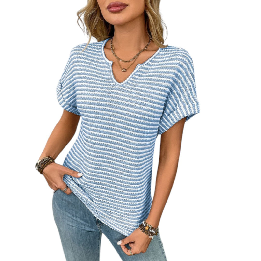 maglietta donna con scollo a V e superficie a righe