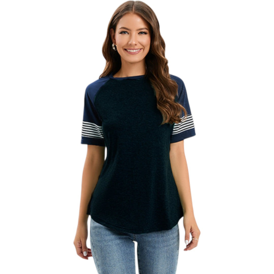 Maglietta donna con maniche raglan e inserti a righe