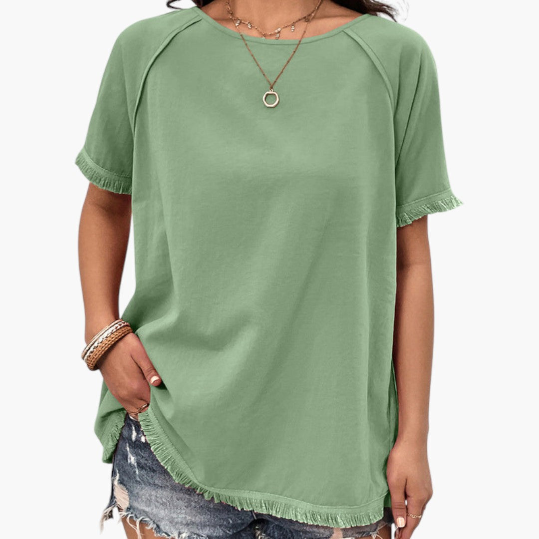T-shirt mulher com mangas com franjas e decote redondo