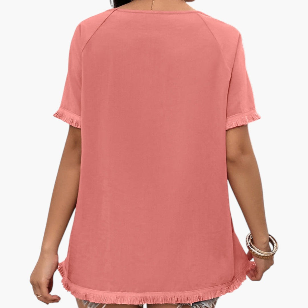 T-shirt mulher com mangas com franjas e decote redondo