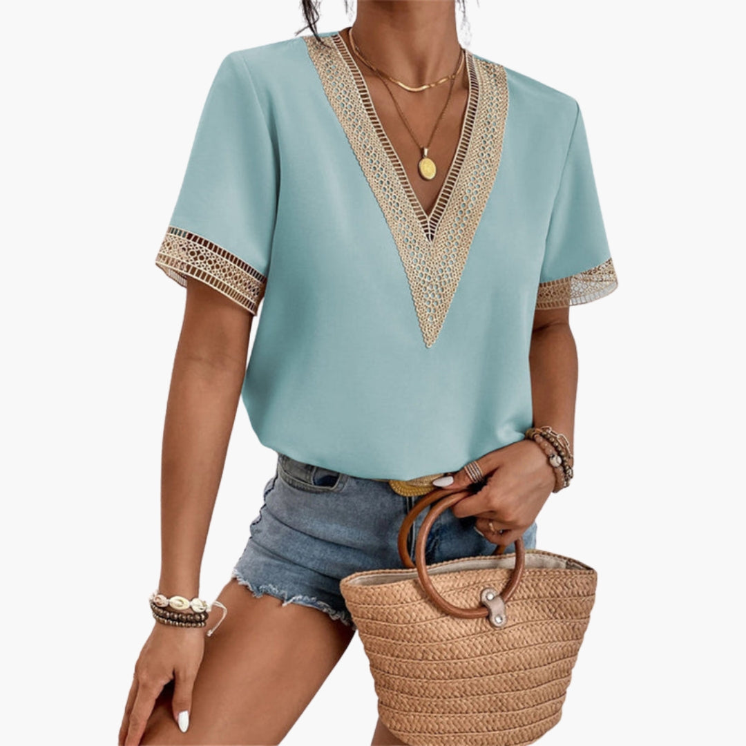 T shirt femme col V avec bordure en dentelle