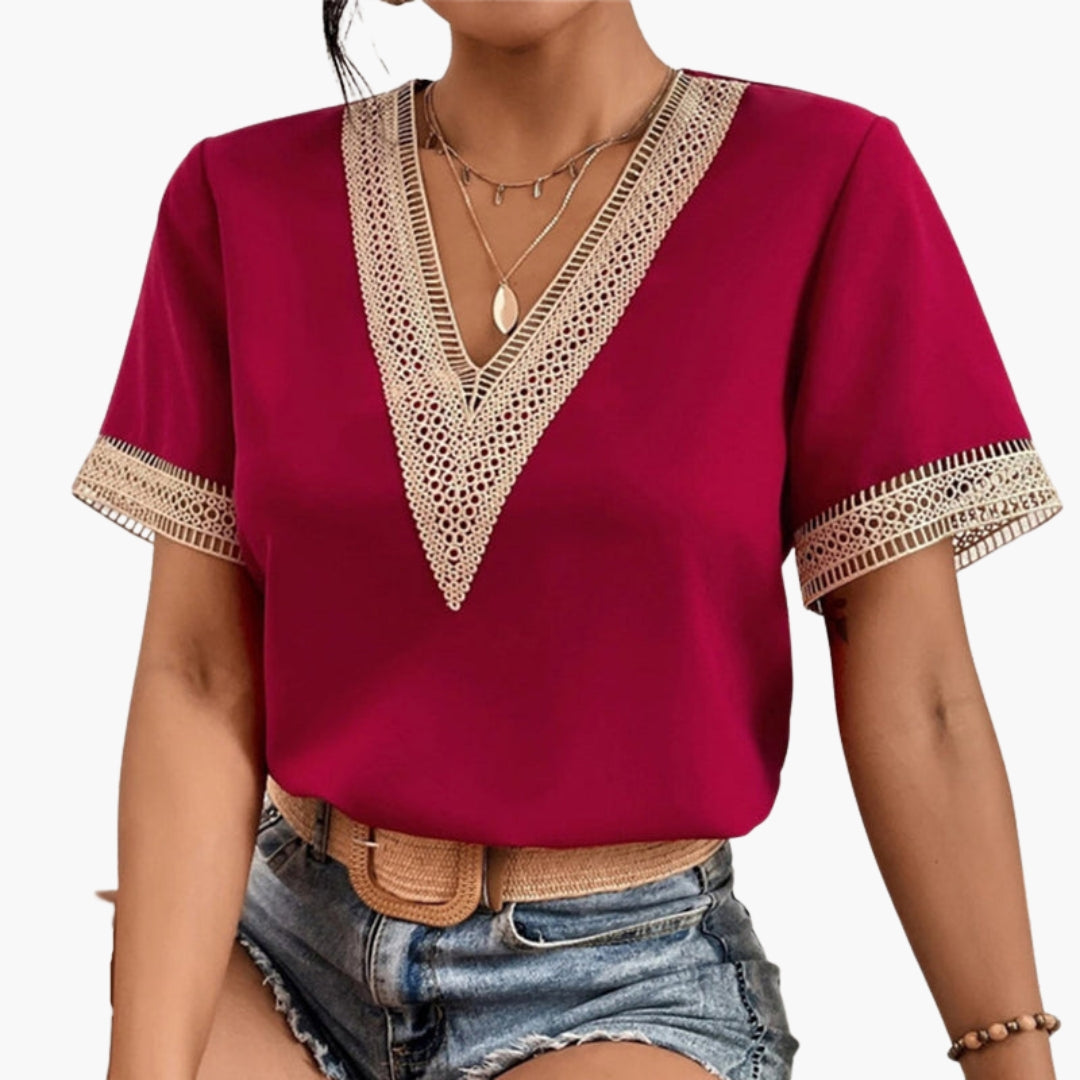 T shirt femme col V avec bordure en dentelle