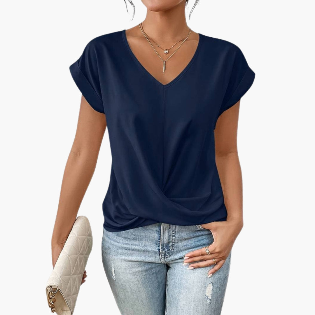 T-shirt til kvinder med V-hals og snoet kant foran