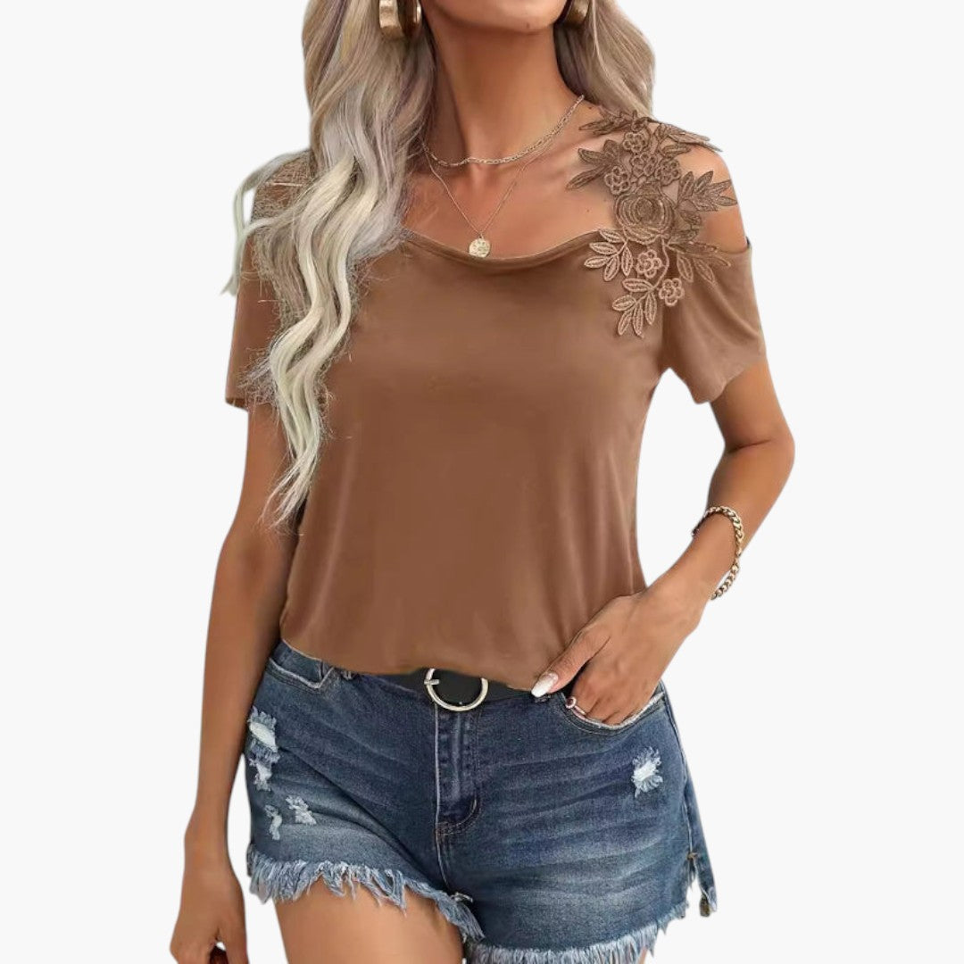 T shirt femme col large avec applique florale
