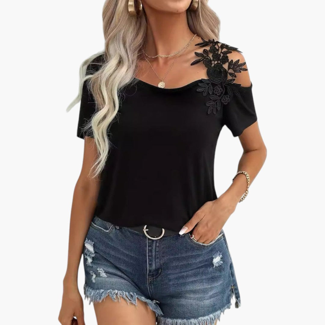 T shirt femme col large avec applique florale