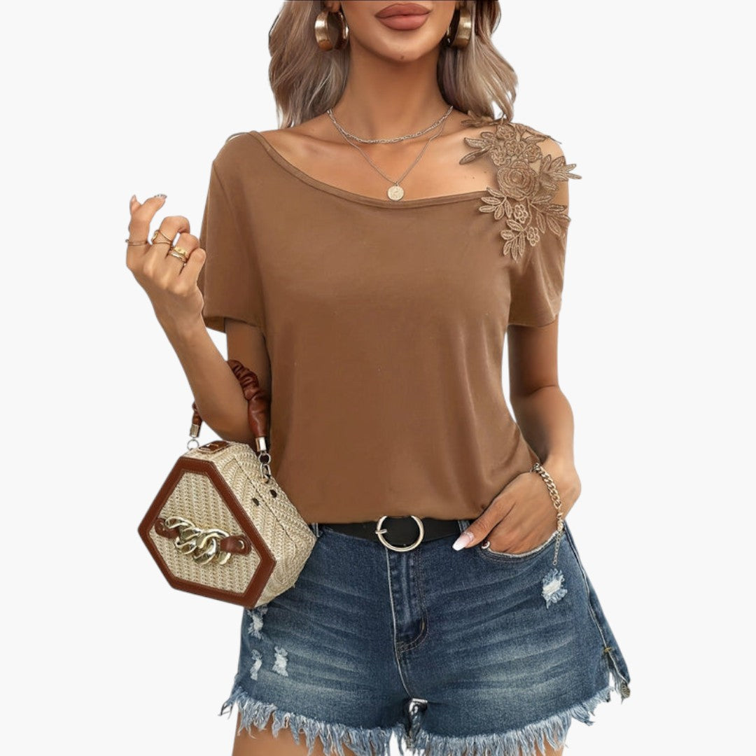 T shirt femme col large avec applique florale