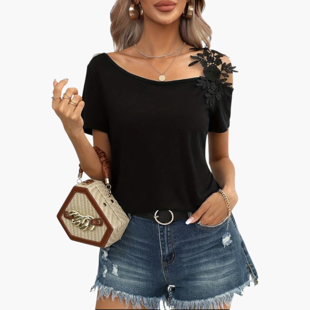 T shirt femme col large avec applique florale