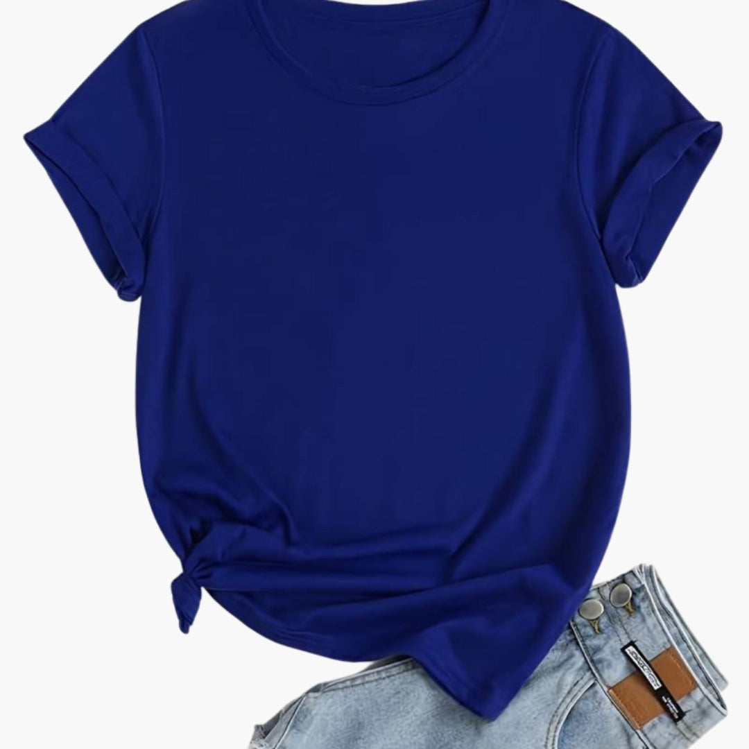 T-shirt mulher gola redonda com mangas curtas e superfície lisa