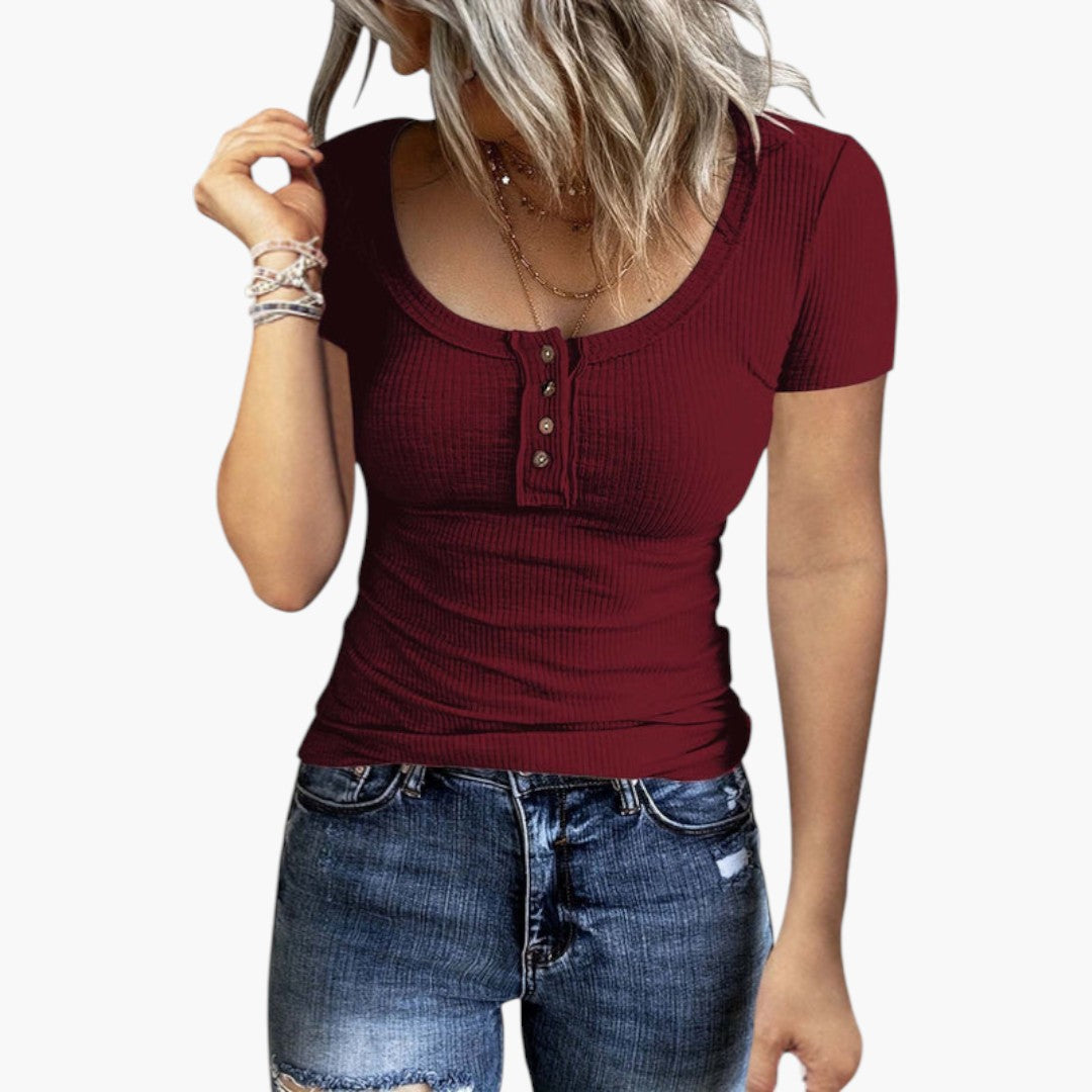 T shirt femme court avec patte de boutonnage