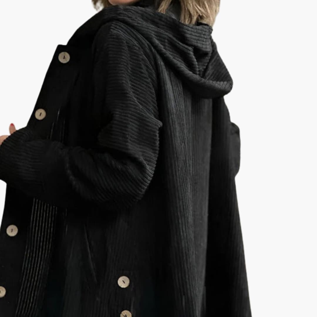 Cordfløyels hettejakke for kvinner med knappelukking og sidelommer