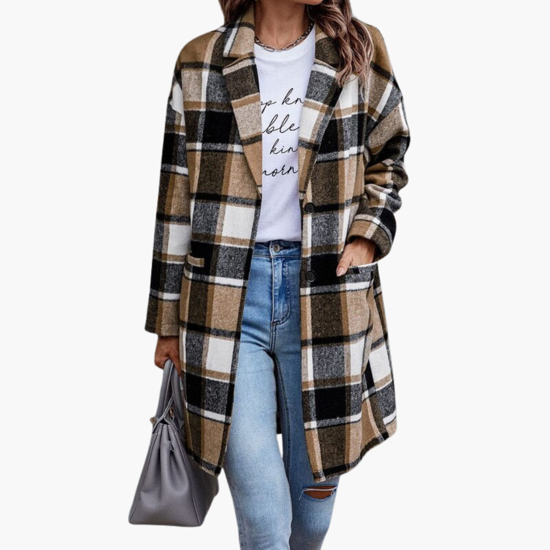 Veste à carreaux pour femme avec fermeture à boutons et manches longues