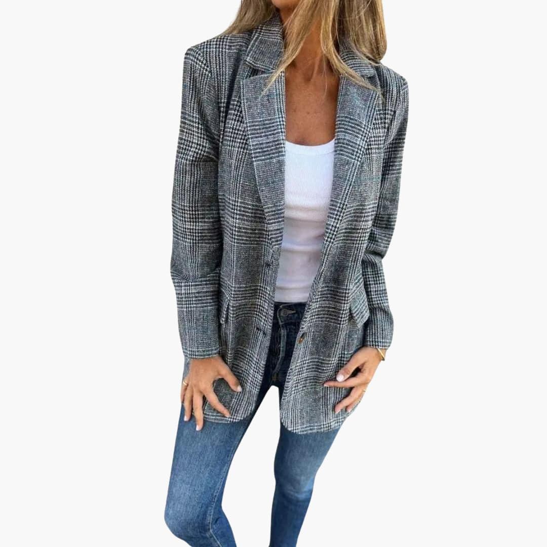 Veste femme à carreaux avec col à cran et poches devant