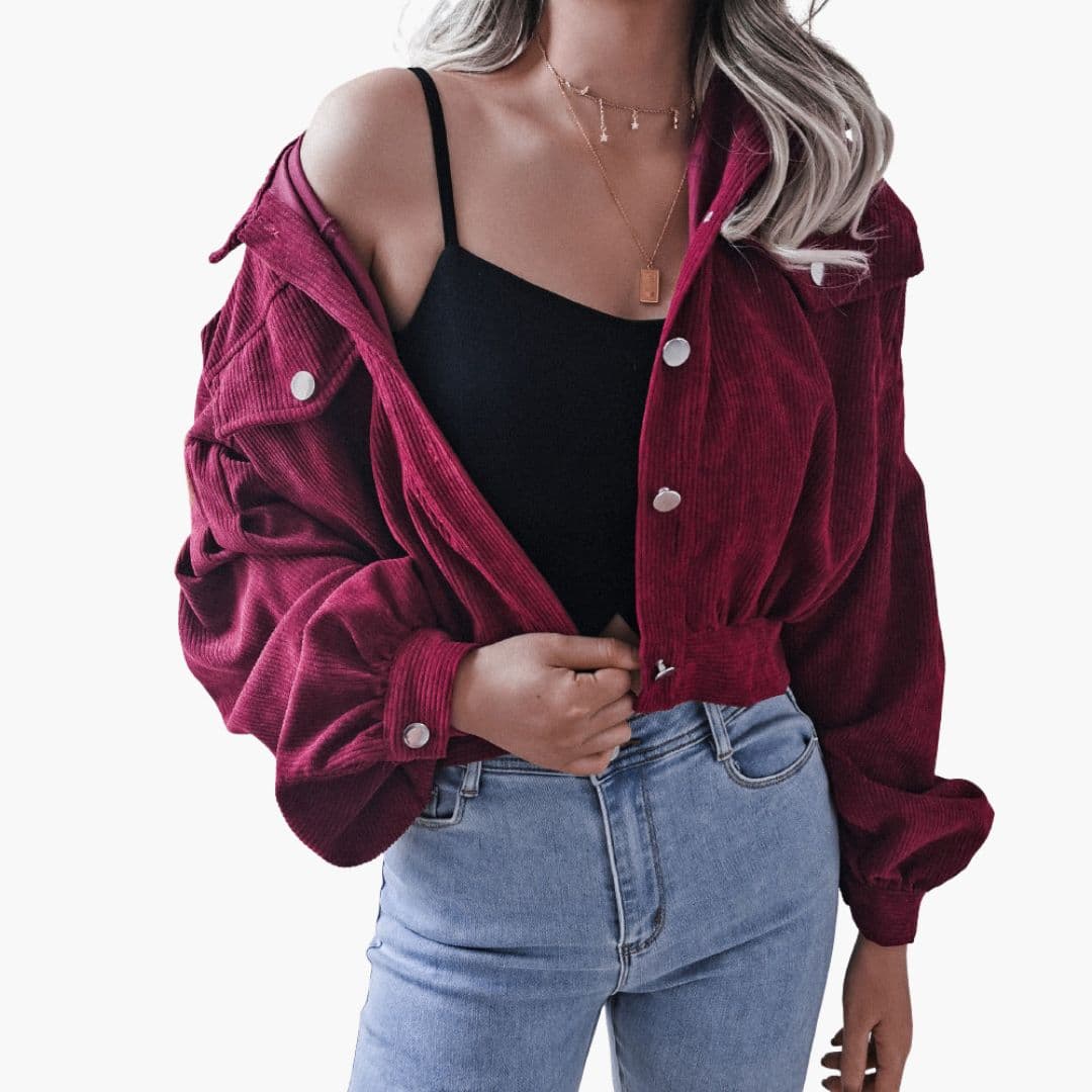 Veste femme courte en velours côtelé avec fermeture à pressions