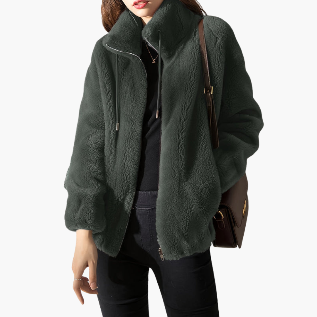 Veste femme en matière duveteuse avec fermeture zippée et col montant