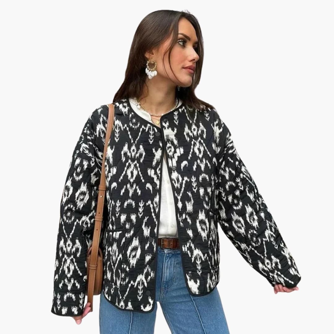 Casaco feminino estampado com decote redondo e mangas compridas