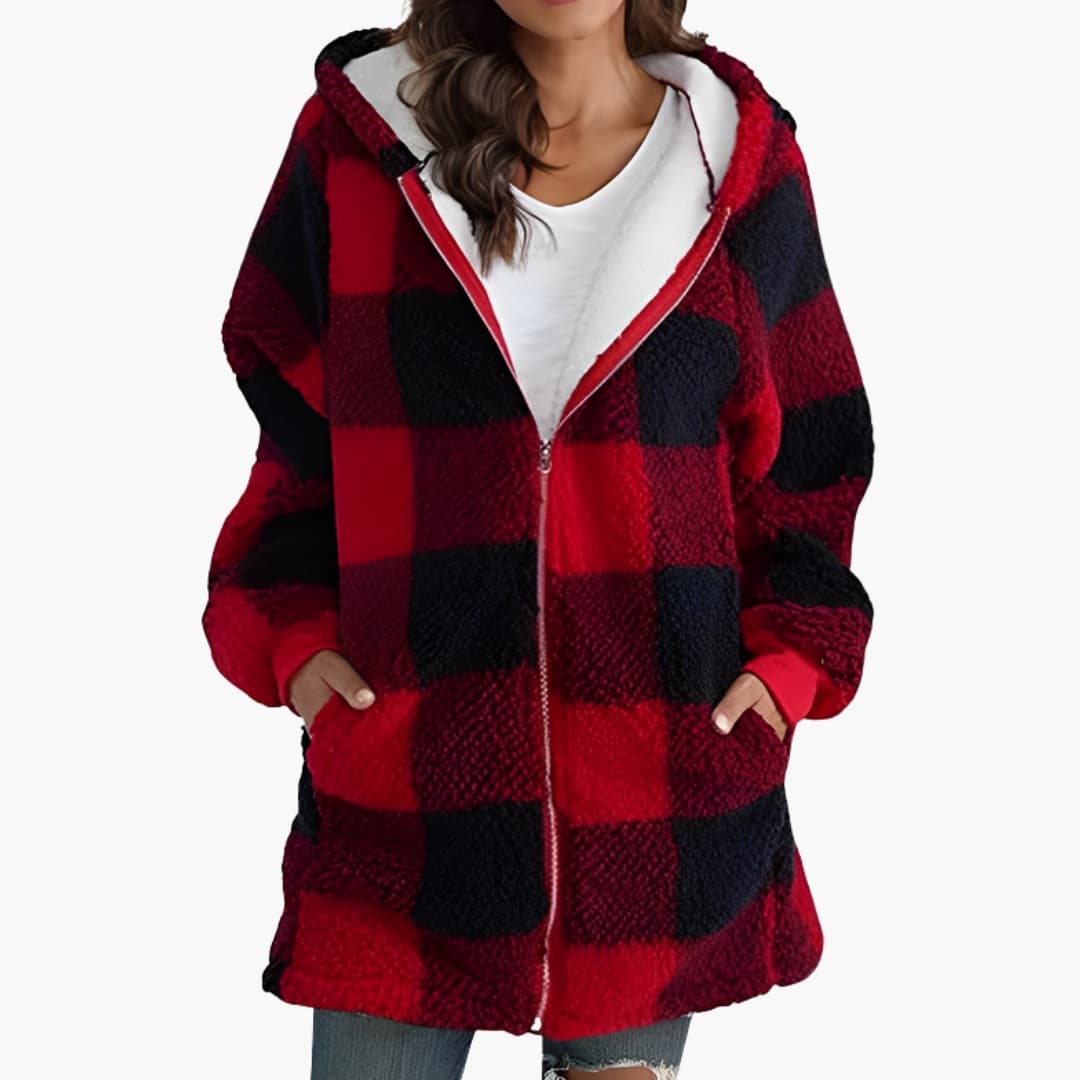 Veste femme zippée à capuche avec motif à carreaux et doublure sherpa
