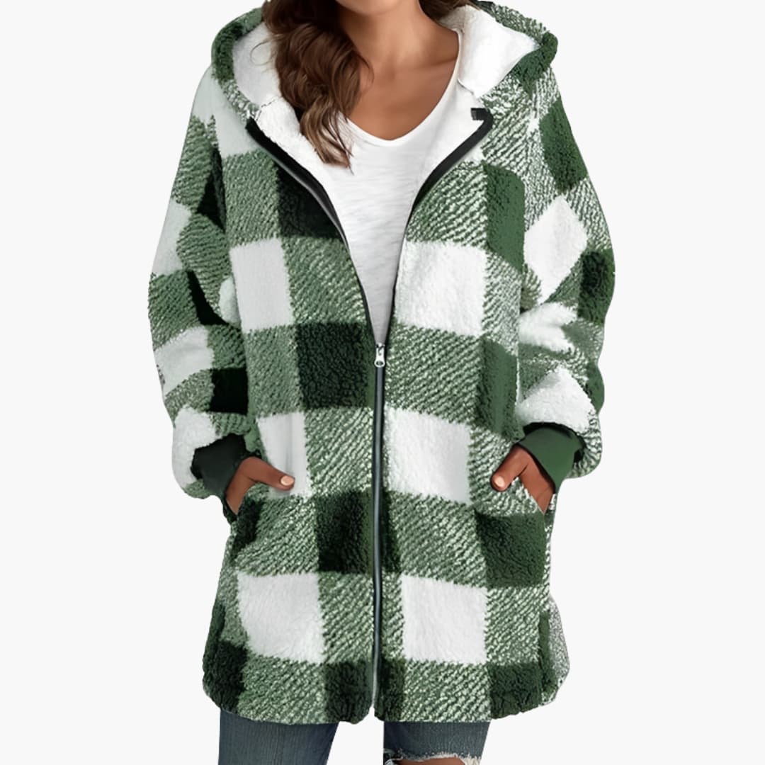 Veste femme zippée à capuche avec motif à carreaux et doublure sherpa