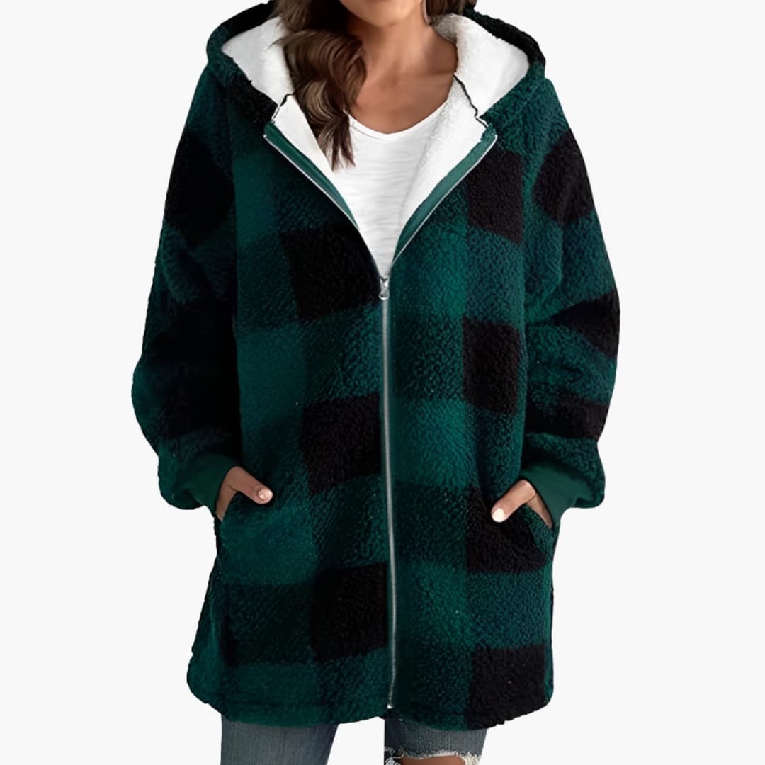 Veste femme zippée à capuche avec motif à carreaux et doublure sherpa