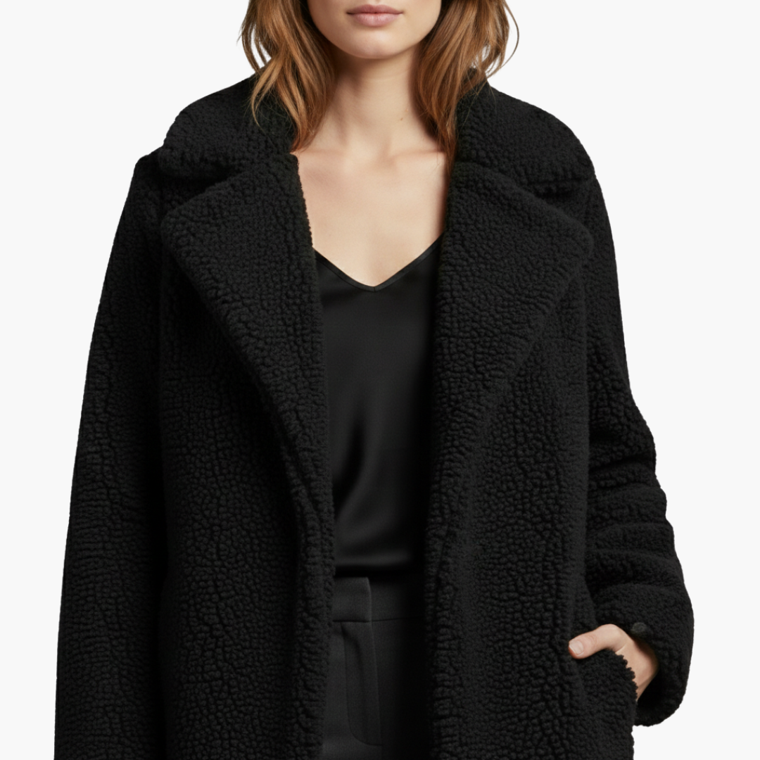 Chaqueta larga para mujer con amplias solapas y superficie texturizada