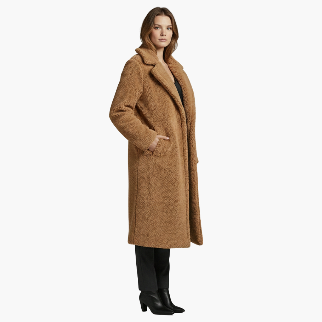 Chaqueta larga para mujer con amplias solapas y superficie texturizada