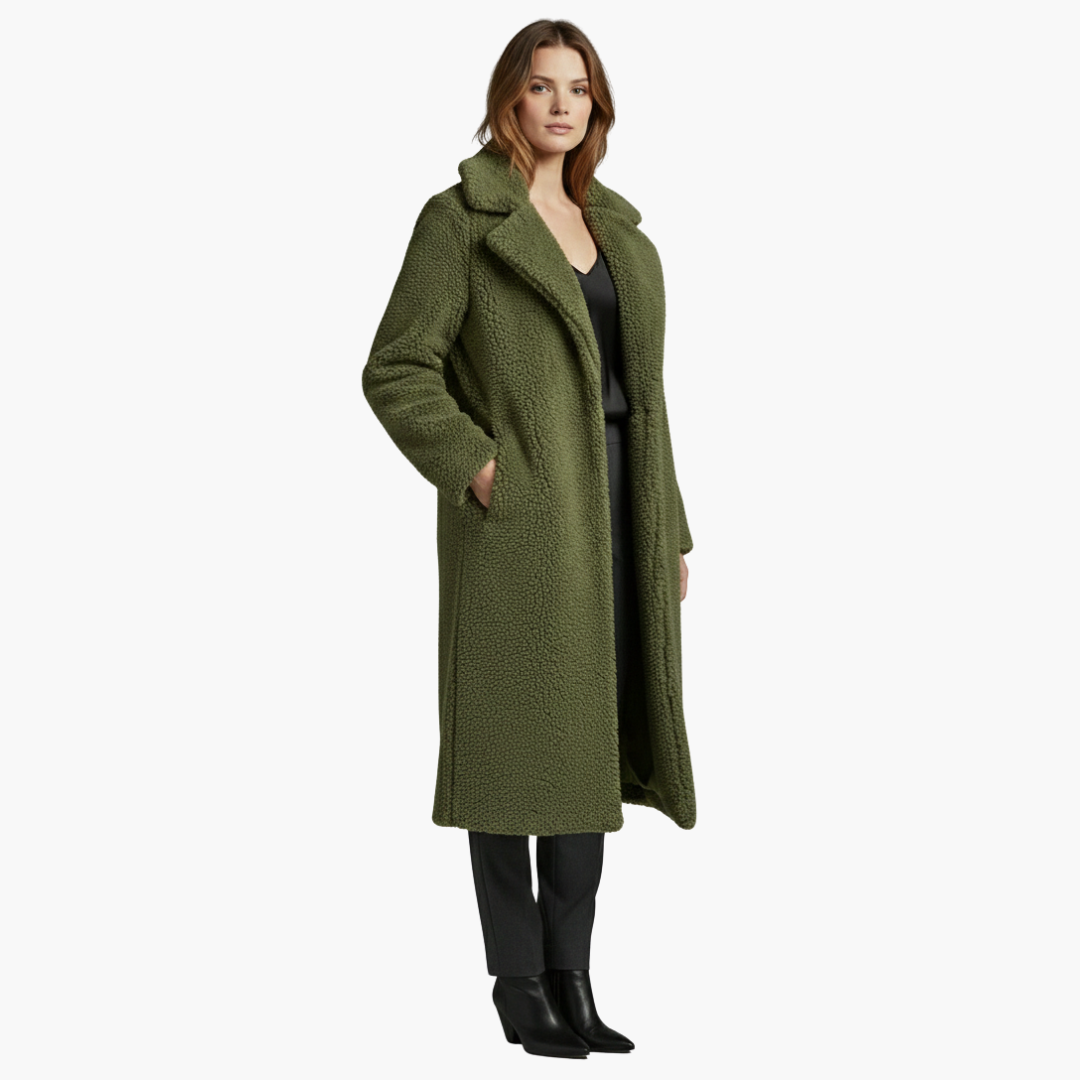 Chaqueta larga para mujer con amplias solapas y superficie texturizada
