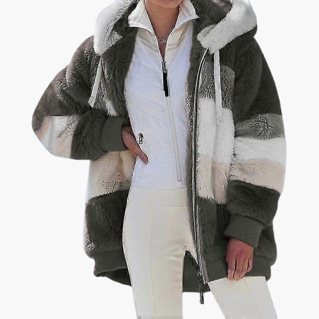 Casaco polar feminino com capuz e superfície riscada