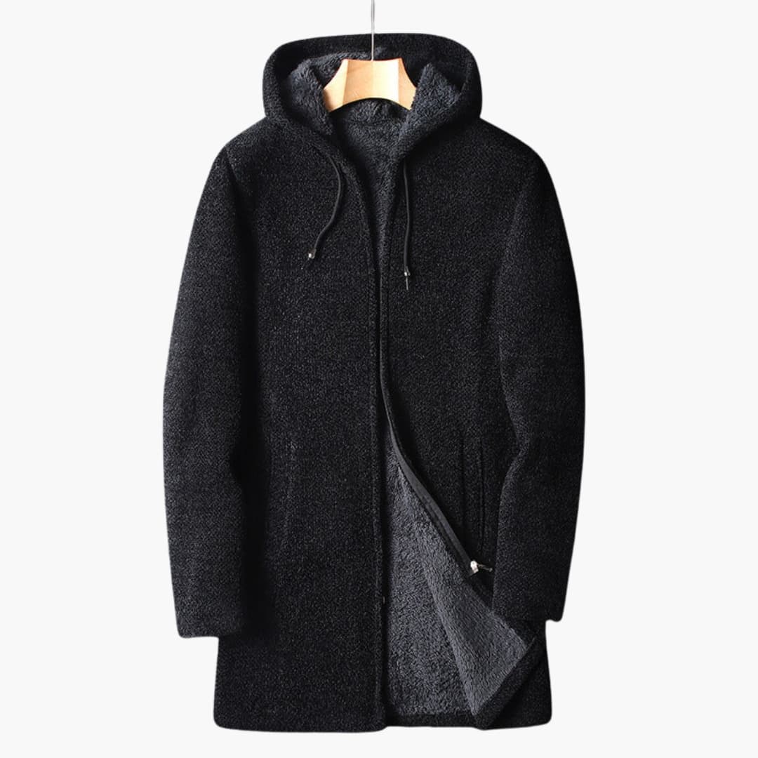 Giacca in pile lunga da uomo con cappuccio e chiusura integrale con cerniera